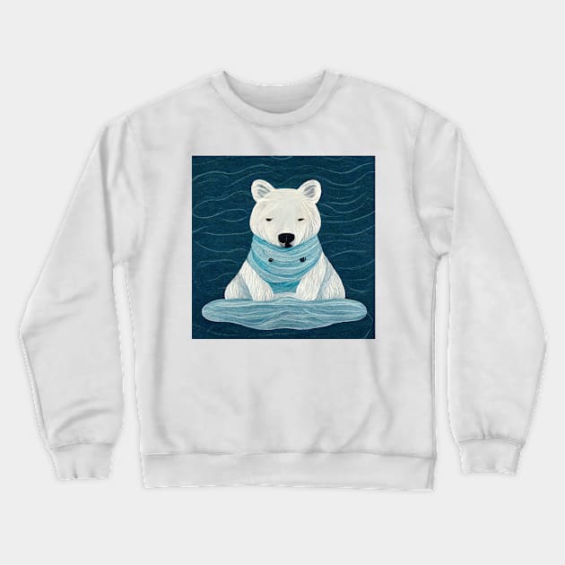 Cute cartoon winter white polar bear wearing an ice blue scarf. Crewneck Sweatshirt by Liana Campbell